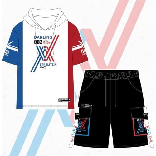 Anime Darling in the Franxx 02 Zero Two Cosplay T-Shirt Unisex Summer Short Sleeve Hooded Adults Cotton Shirt Top Pants Shorts