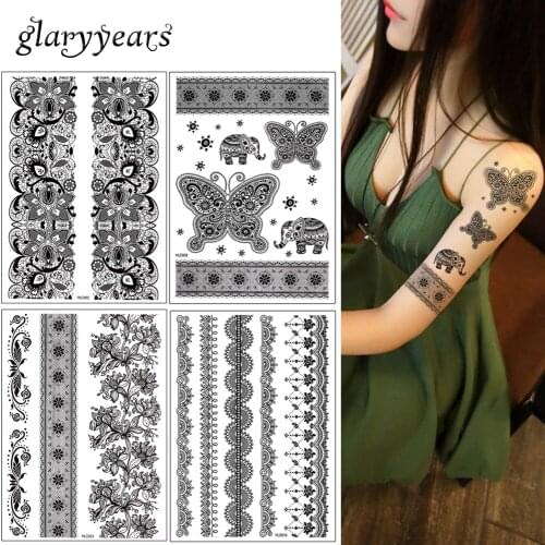 Glaryyears 14 Designs 1 Sheet Black BHLC Body Jewelry Tattoo Bracelet Chain Temporary Sticker Flowers Lace Decal Body Art Tattoo