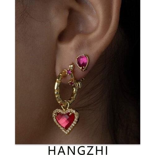 HANGZHI 2021 New Punk Trendy Black Zircon Inlaid Heart Gold Colour Metal No Fade Earrings for Women Girls Fashion Jewelry Gifts