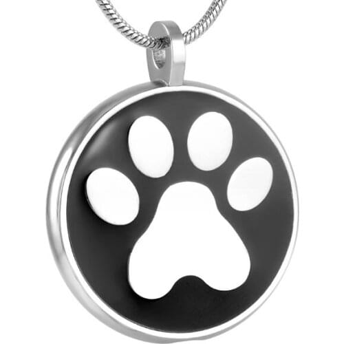 IJD9132 Black Round With Large Dog/Cat Paw Print Stainless Steel Memorial Urn Keepsake Cremation Jewelry Necklace for Pet Ashes