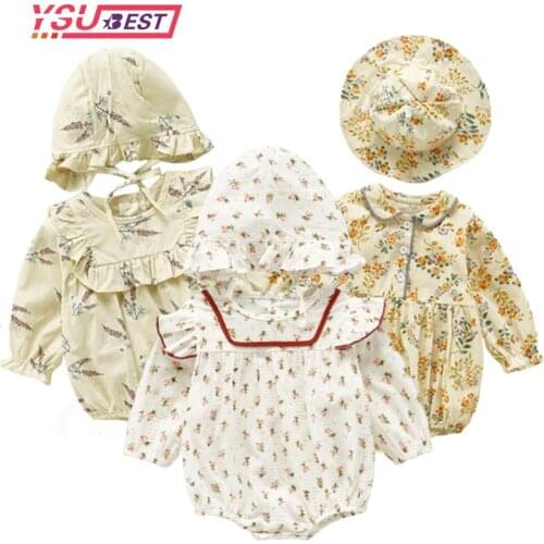 Baby Girls Jumpsuit Fashion Newborn Hat Spring Autumn Vintage floral Cotton Princess Bodysuits Kids Clothes Baby Girls Bodysuits