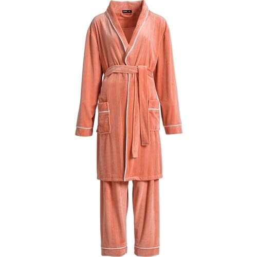 2PCS Robe Set Winter Warm Women Sleepwear Coral Fleece Kimono Bathrobe Gown Nightwear Soft Women Intimate Lingerie Homewear