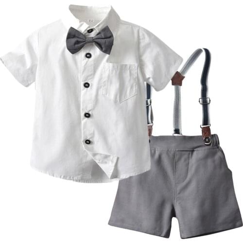 Toddler Kids Clothing Set Summer Boys Baby Children Cotton White Shirt with Bow + Grey Shorts 4 PCS Formal Party Costume