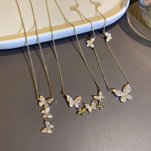 Korean Style Shining Rhinestone Zircon Butterfly Chain Necklace for Women Simple Exquisite Clavicle Necklace Temperament Jewelry