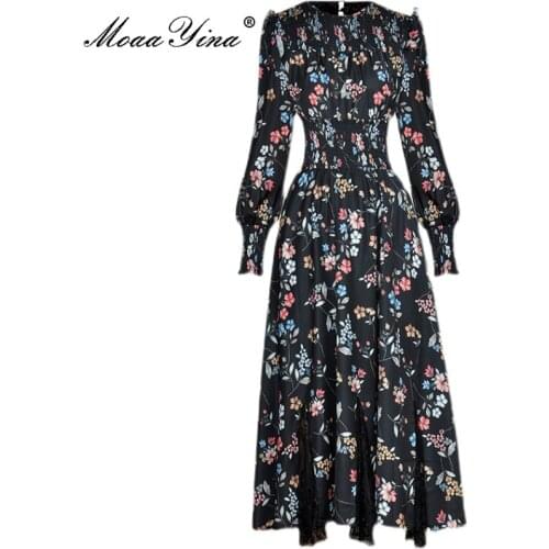 MoaaYina Fashion Designer Autumn Suit Women Lantern Sleeve Floral print Tops＋Elastic Waist Lace Patchwork Midi Skirt 2 Piece Set