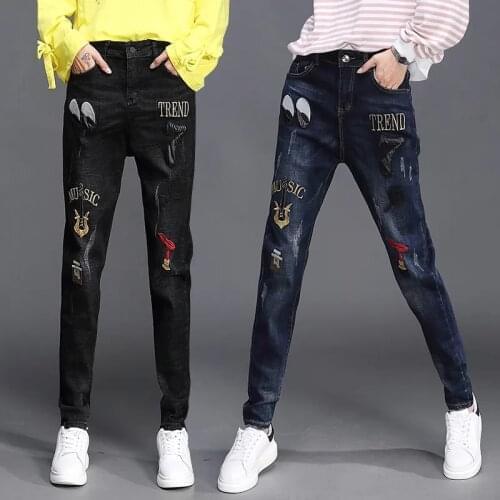 2021 New Jeans Women Embroidered Trousers Women Spring And Autumn Plus Size High Waist Trousers Pattern Harem Pants Femme L129