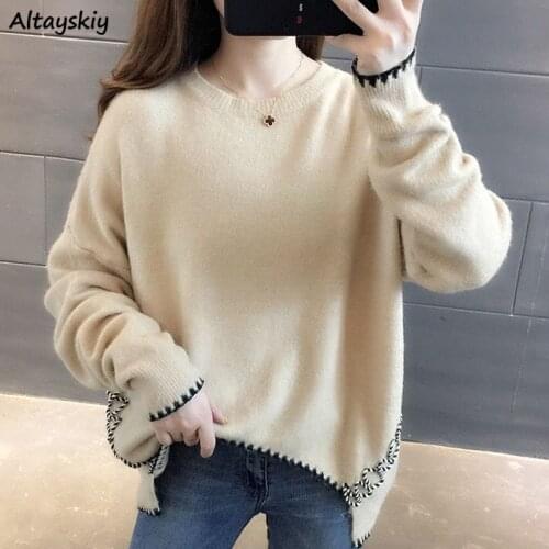 Pullovers Women Loose-fitting O-neck Embroidery Female Clothing Vintage Warm Long Sleeve Soft All-match Spring Autumn Daily Chic