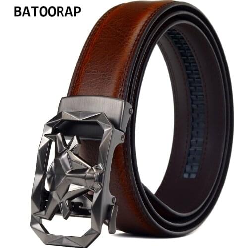 BATOORAP Luxury Brand Mens Belt Brown Vintage Real Leather Alloy Buckle Automatic Male Novelty Null Print Trouser Strap Z83P01