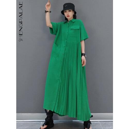 SHENGPALAE Green Pleated Shirt Dress Womens Summer 2021 New Lapel Large Size Single Pocket Mid-calf Yellow Dresses Female