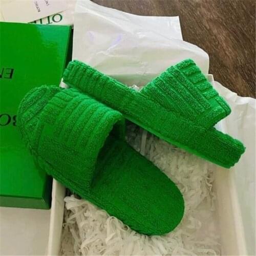 Luxury Designer Thick Sole Women Green Slippers Corduroy Flats Open Toe Ladies Slides Platform Comfort Mules Female Flip Flops