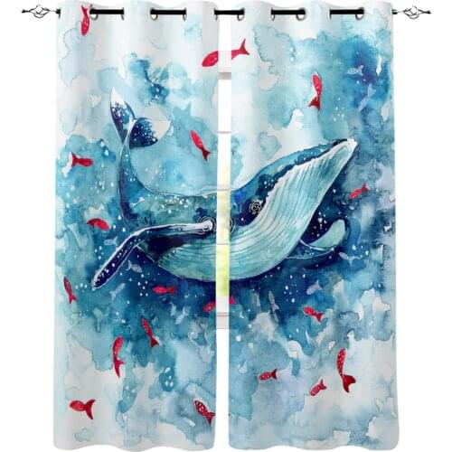 Blue Whale Red Fish Watercolor Window Curtains Living Room Curtain Home Decor