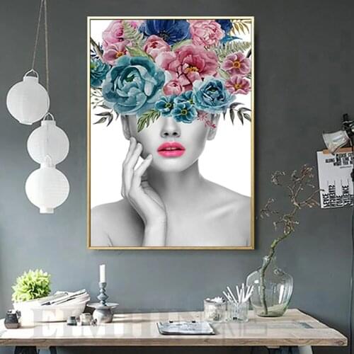 Modern Fashion Beautiful Flower Woman Portrait Art Picture Canvas Painting Wall Poster And Living Room Home Decoration Print