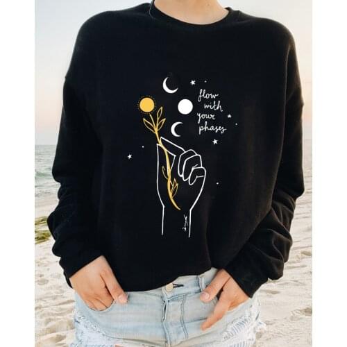 Flow with your phase Womens Sweatshir Sun Moon graphic Sweats Creative personality fashion Casual pure cotton Pullover Tops