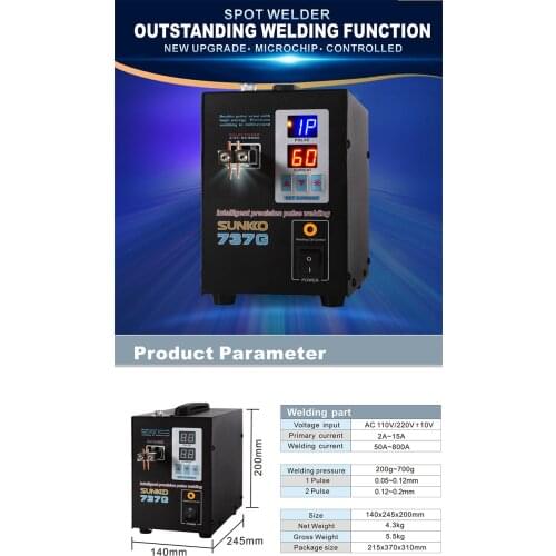 SUNKKO 737G battery spot welder 1.5KW LED pulse 18650 lithium battery spot welding machine maximum welding 0.2mm nickel belt pin