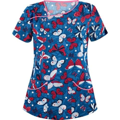 Women Blouse Nurse Uniform Scrubs Tops Fashion Animal Print Short Sleeve Neck Tops Working Uniform Harajuku Casual Blouse Shirt