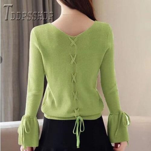 2019 New Autumn Winter Bandage Women Sweater Knitting Flare Sleeve Female Sweaters
