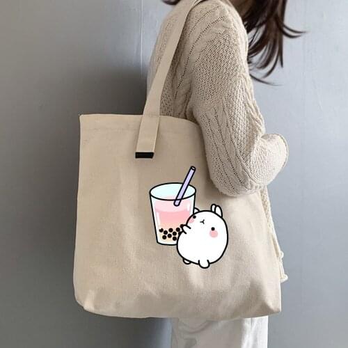 Cartoon Milk Tea Print Tote Bag Beige and Black Aesthetic Eco Foldable Shopper Shopping Original Girls Package Travel Canva Bags