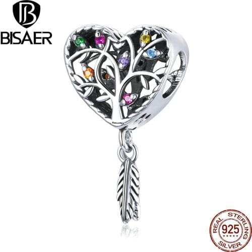 BISAER Tree of Life Charms 925 Sterling Silver Heart Shaped Pendant Beads for Bracelet Necklaces DIY Jewelry Accessories ECC1768