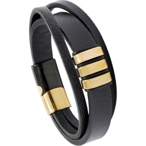 Men Leather Stainless Steel Bracelet Charms Punk Bracelet Men Magnetic Clasp Bangle Holiday Father Valentines Day Gift