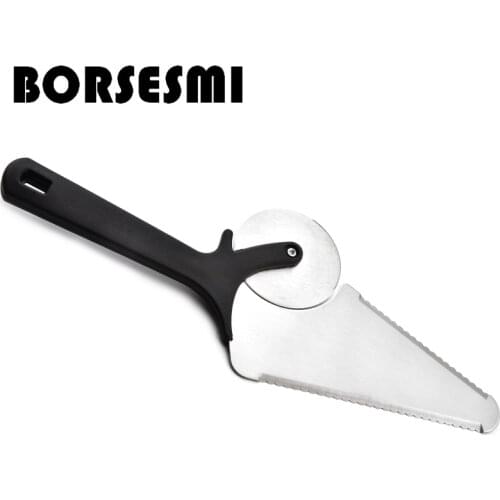 Hot sale Multi function Stainless Steel Pizza Wheels Cutting Knife with fork Round Shape Pizza Cutter Cake Slicer gadget