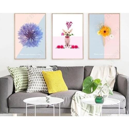 HD Prints Cute Animal Oil Painting Dog Beautiful Flowers Paintings Home Decoration Art Pictures Room Decor No Frame Wall Art
