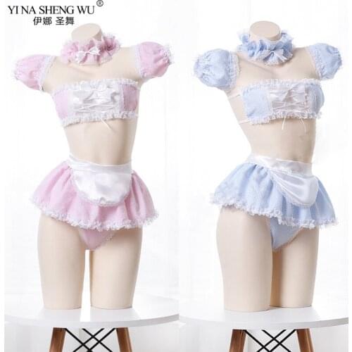 Kawaii Girls Candy Sweetheart Cosplay Maid Strapless Lace Plaid Underwear Set Anime Sexy Camisoles & Skirt Lingerie Set Dropship