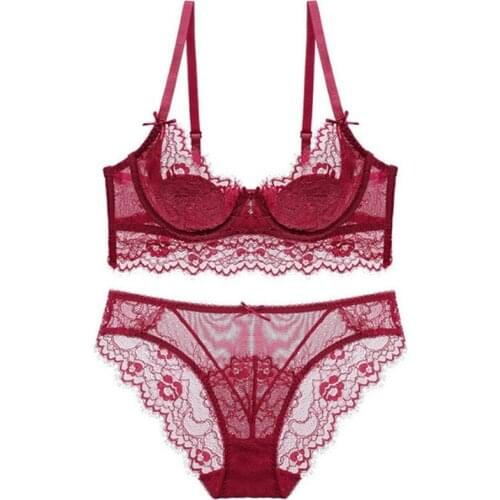 Sexy Womens Deep V Bra with Panties Lightly Padded Floral Lace Bra Set Big Size Underwear Female Hollow Out Lingerie 34 36 38 D