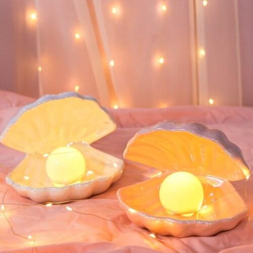 Creative Shell Pearl Night Light led Desktop Decoration Ceramic Lighting Fixture Jewelry Storage Gift Bedroom Bedside Lamp Decor