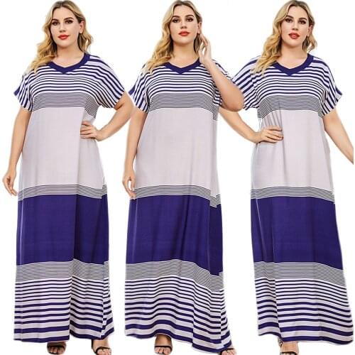 Summer Muslim Women Stripes Long Dress Arab Abaya Short Sleeve Maxi Robe Gown Middle East Dubai Casual Loose V-neck Islamic New