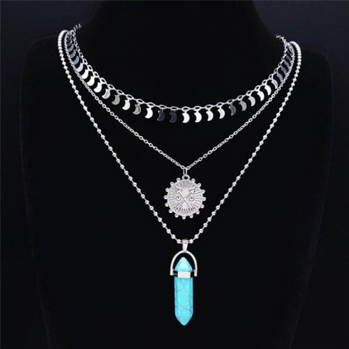Boho Stainless Steel Stone Layered Necklace Silver Color Sun Bow Arrow Necklaces Chain Round Boho Jewelry collar NXS04