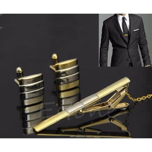 New Men Necktie Tie Bar Clasp Clip Cufflinks Sets Gold Simple Party Gift