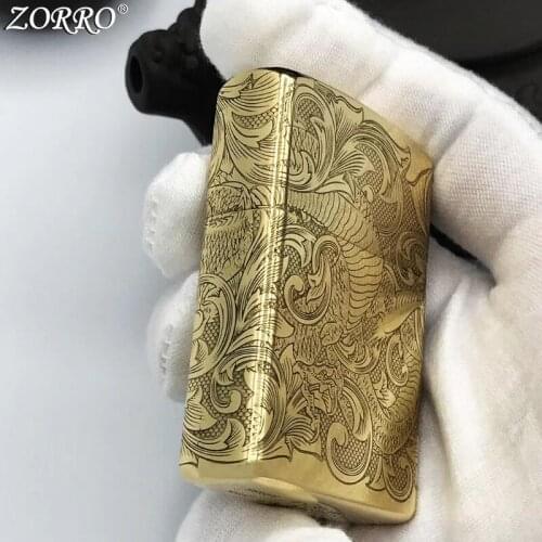 Original Zorro Kerosene Lighter Pure Copper Carving Classic Tang Grass Dragon Pattern Business Gift Outside Ignition Tool