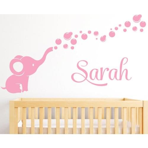 Personalized Name Wall Stickers Custom Name Elephant Bubbles Nursery Wall Decal Baby Room Decor Cute Animals Home Decor L156