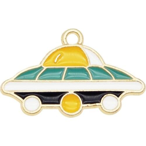 Julie Wang 4PCS Enamel Cartoon UFO Charms Alloy Gold Tone Spaceship Pendant Bracelet Jewelry Making Accessory