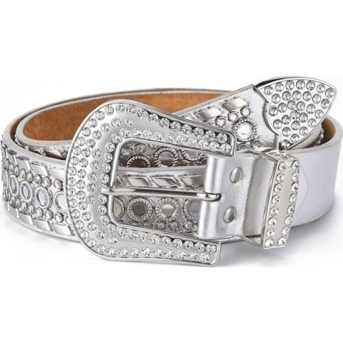 Metal Hollow Genuine Leather Belt Rivet Rhinestone Belts Western Fashion Dress Belt Quality Cow Skin Diamond Inlaid Wide Belt