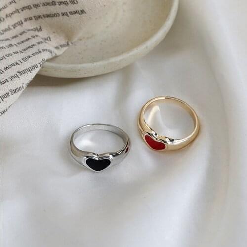 Romantic Simple Red Black Heart-shaped Metal Ring Fashion Cute Wedding Gold Color Enamel Ring For Women Sweet Party Jewelry Gift