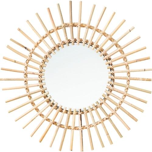 Rattan Innovative Art Decor Round Makeup Mirror Dressing Bathroom Wall Hanging Mirror Nordic Wall Hanging Makeup Mirror