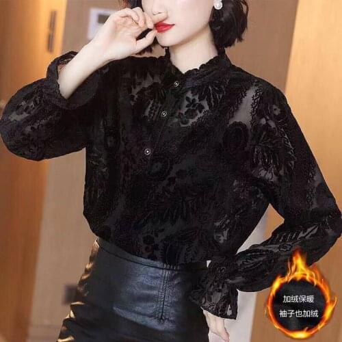 Fall Winter Womens Black Ruffled Stand Neck Lantern Sleeve Floral Black Velour Blouse Shirt , Women Velvet Blouses and Tops