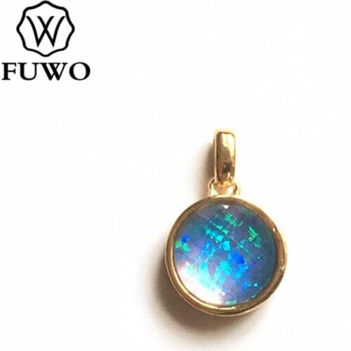 FUWO Trendy Women Round Blue Opal Pendant Gold Cladding Opal Gems Stone Charm Jewelry Making Wholesale PD278