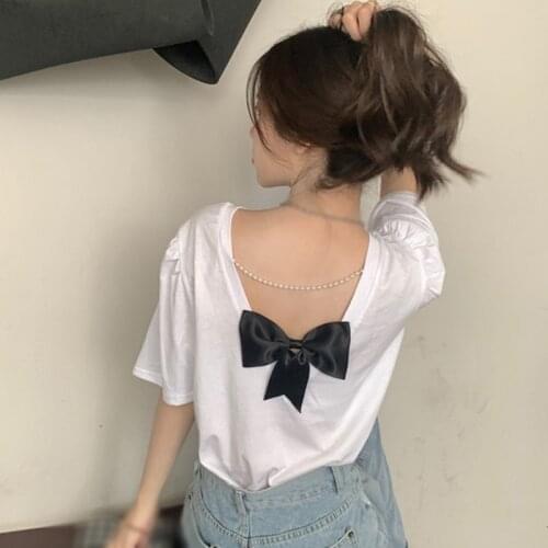 DAXIN Women T Shirts Summer Korean Style Sexy Backless Bow Solid Color Short-Sleeved T-Shirt Top Female Crop Top Ladies Shirt