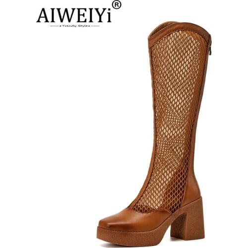 AIWEIYi Hollow Boots Woman Square Toe Knee High Boots Thick High Heels Breathable Boots Fashion Summer Shoes