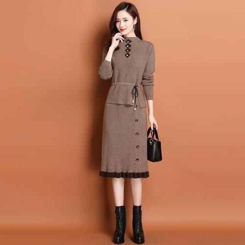 2021 Spring Autumn Woman Knitted Sweater Set Female Fashion Vintage Style O-Neck Long Knit Sweater Dress Lady Two-Piece Suit Q91