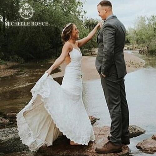 Michelle Royce A-Ling Wedding Dresses 2020 Sexy V-neck Appliques Backless Lace Up Chapel Train Bridal Gowns Vestido De Noiva