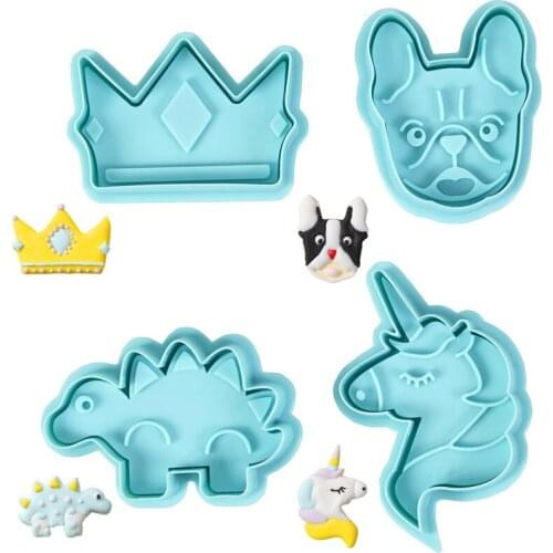 4 Pcs/set Baking Tools Plastic Cookie Cutters Crown Dinosaur Unicorn Cake Plunger Tools Pastry Fondant Biscuit Mold Cake Tools
