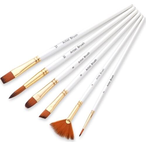 6Pcs/Pack White Wooden Handle Nylon Brushes Set for Drawing Painting Oil Acrylic Watercolor Art Supplies