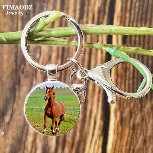 FIMAODZ Running Horse Keychain Pet Animal Art Picture Glass Round Lobster Clasp Pendant Key Chain Ring for Men Women