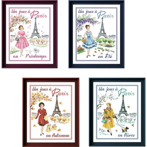 Paris in 4 season cross stitch cartoon beauty lady package 18ct 14ct 11ct cloth cotton thread embroidery DIY handmade needlework
