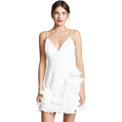Elegant White Spaghetti Strap V Neck Layered Ruffle Sleeveless Mini Bodycon Party Dress