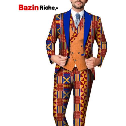 3 Pcs African Men Clothes Set Wedding Plus Size Custom Print Blazer Dresses Suit WYN1229