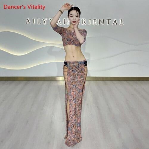 Belly Dance Suit Printing Round Neck Top Split Skirt Profession Practice Clothes Set Adult Elegant Performance Clothing Summer